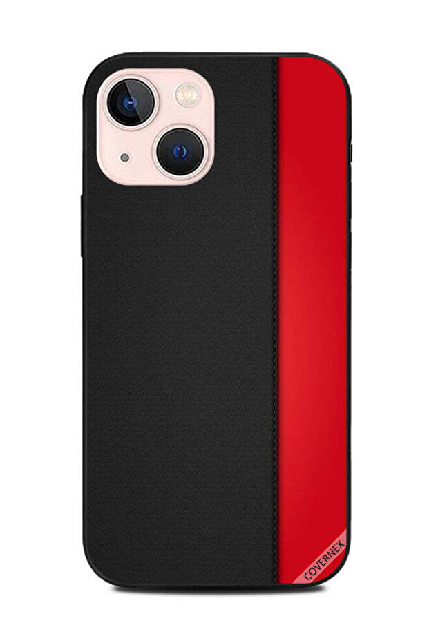 غطاء حماية لهاتف Apple iPhone 13 Mini بنمط جلدي أحمر وأسود سادة