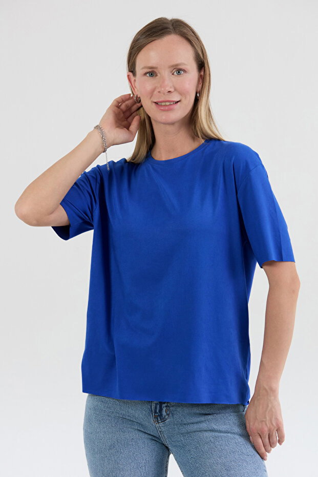 Basic Bisiklet Yaka Oversize Modal Tişört - 1