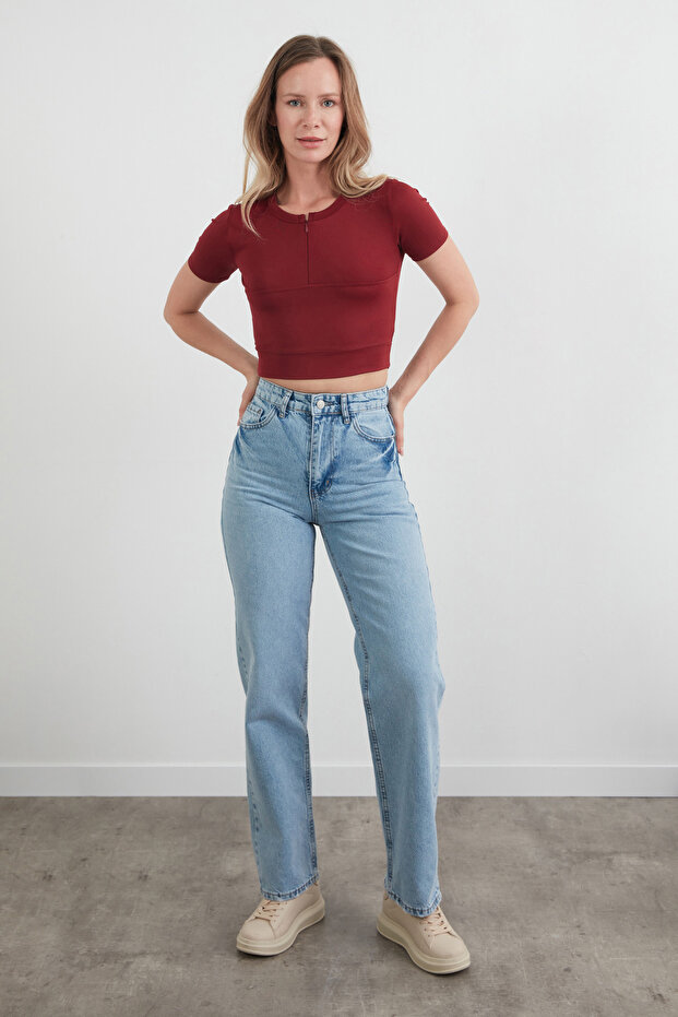 Basic Yarım Fermuarlı Dalgıç Kumaş Crop Tişört - 2