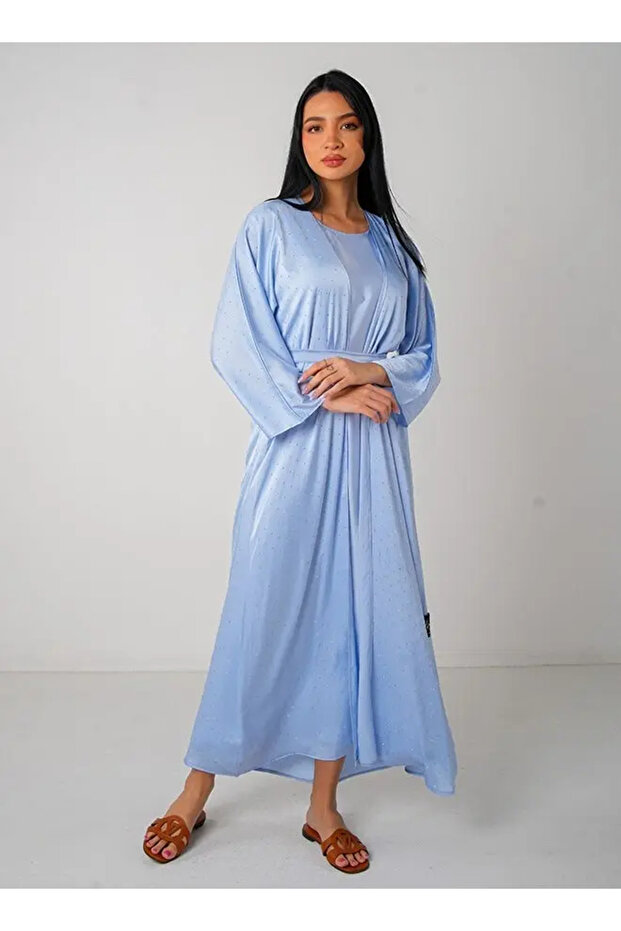 Light Blue Bling Open Abaya 3 pieces Set