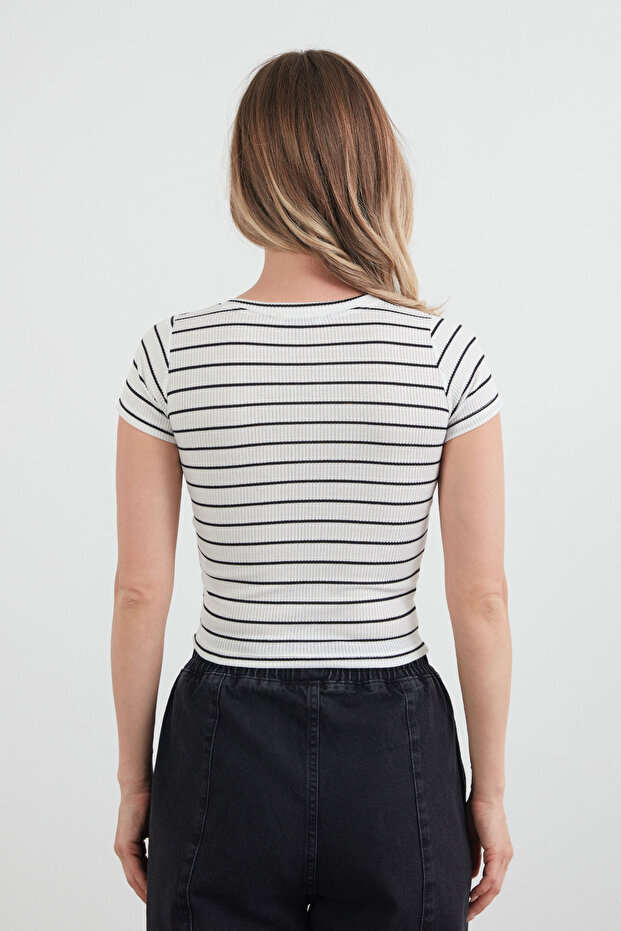 Basic Çizgili Fitilli Tişört - 4