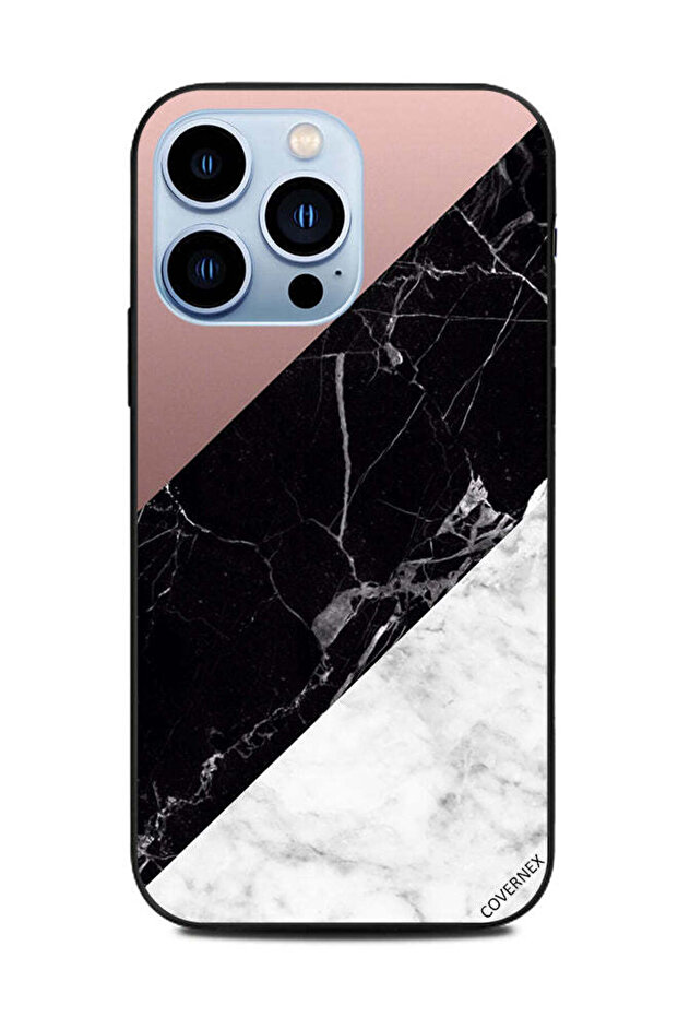 غطاء حماية لجهاز Apple iPhone 13 Pro باللون الأبيض والأسود مع سطح رخامي بنمط عادي