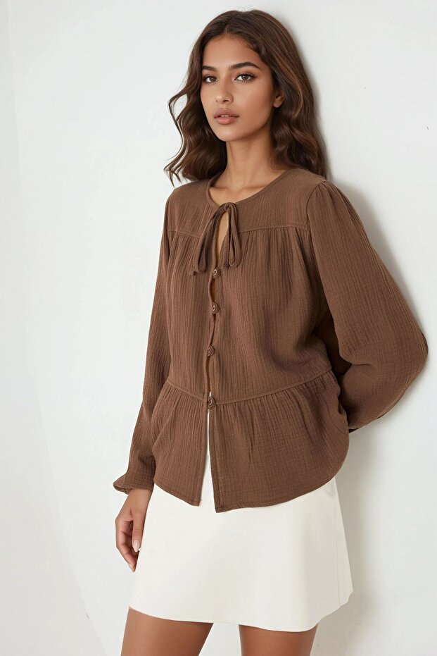 Ön Bağlama Detaylı Rahat Kalıp Müslin Gömlek Bluz - 2