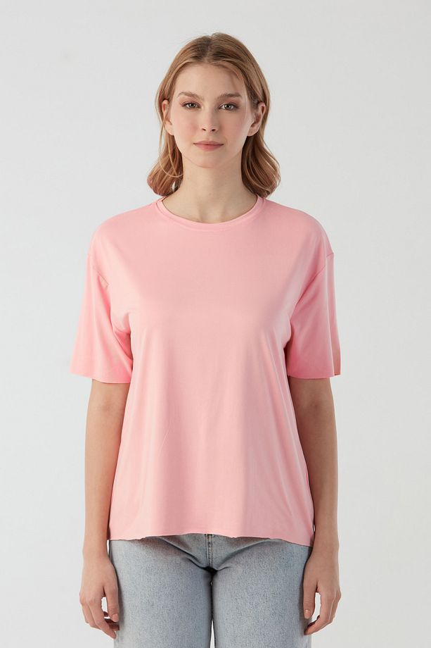 Basic Bisiklet Yaka Oversize Modal Tişört - 8