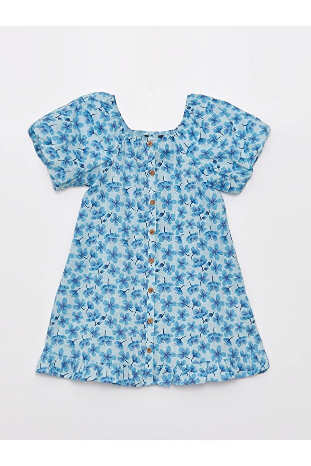 Lcw Kids Blue U-Neck Pattern Short Sleeve Girl Dress