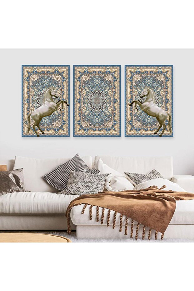 ثلاث لوحات خشبية ام دي اف بتصميم حصان مقاس 120x60 سم