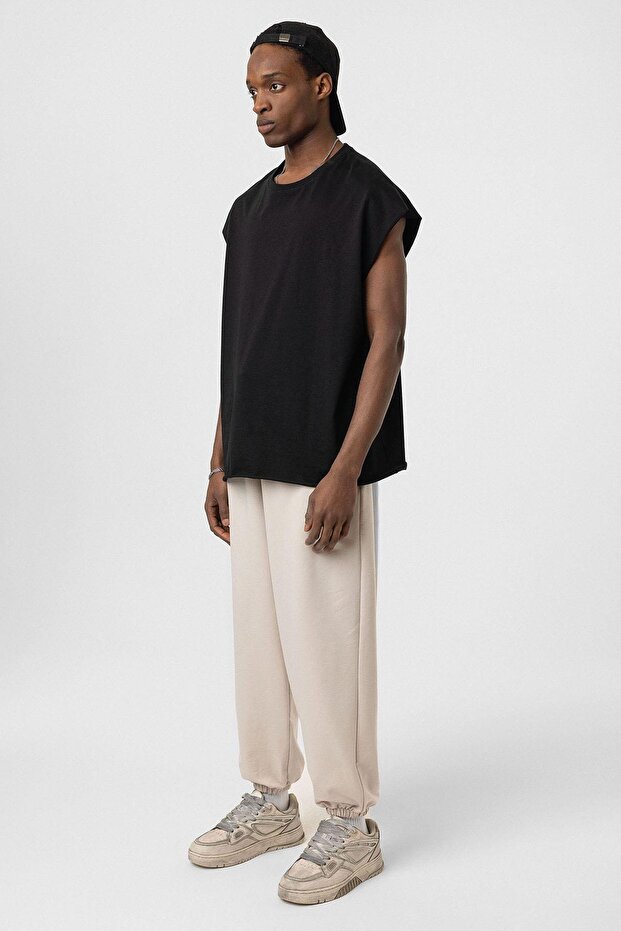 Basic Elastic Cuffed Oversized Sweatpants Beige - 1