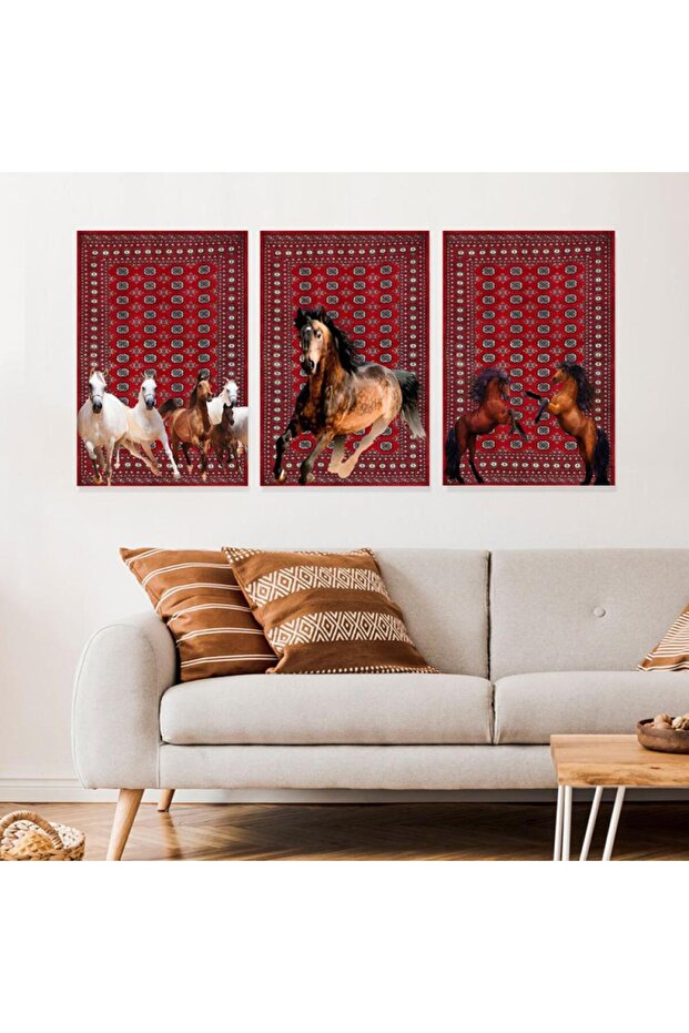 ثلاث لوحات خشبية ام دي اف بتصميم حصان مقاس 120x60 سم
