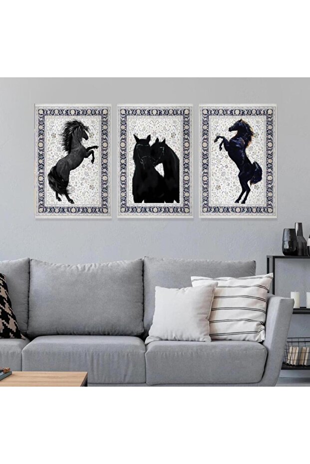ثلاث لوحات خشبية ام دي اف بتصميم حصان مقاس 120x60 سم