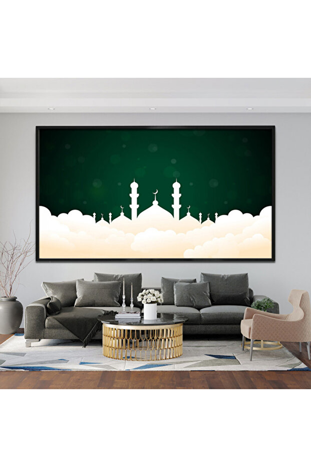 لوحة قماشية بتصميم رسمة إسلامية مع برواز فضي مجوف