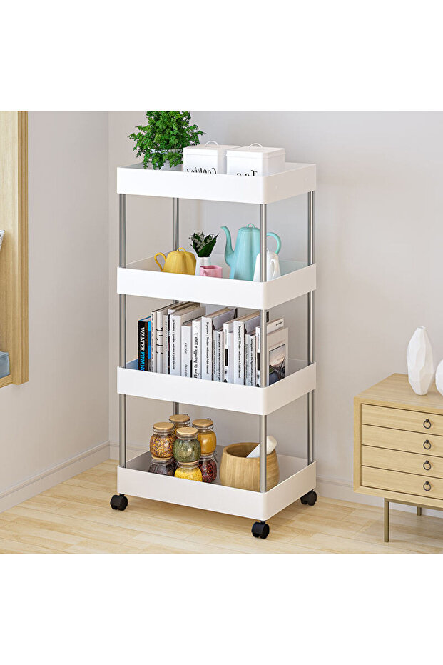 4 Layer Kitchen Storage Trolley Rack with Caster Wheels Plastic Kitchen Cabinet