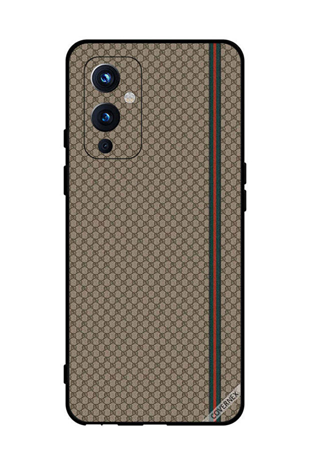 غطاء حماية لهاتف OnePlus 9 بخطوط حمراء وخضراء على نمط بني