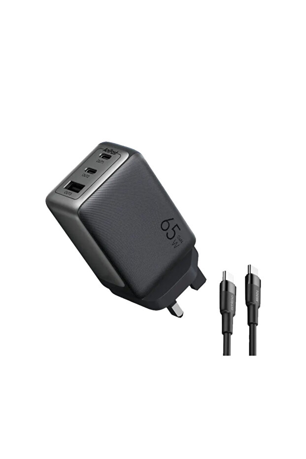 شاحن حائط HyperGaN بمنفذي USB-C وUSB بقوة 65 وات مع كابل USB-C - أسود