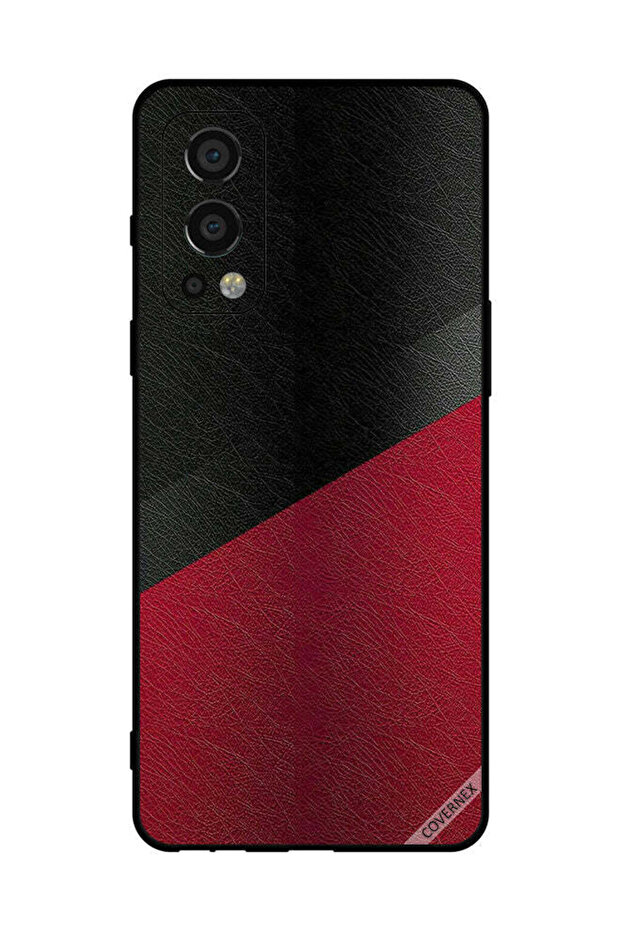 غطاء حماية لهاتف OnePlus Nord 2 5G بنمط جلدي أسود وأحمر