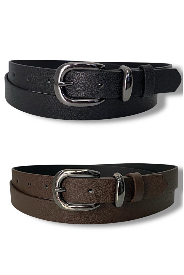 Men's Faux Leather Nickel Buckle Slim Old Money Black-Brown Set of 2 Belts 2.5 cm
