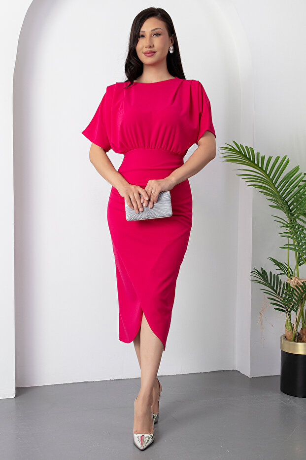 Yarasa Kol Önü Pileli Yırtmaçlı Elbise DKS1274 - 3