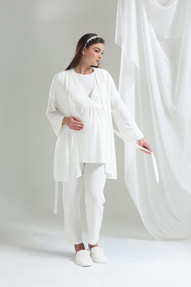 Tuba Ecru Double Breasted Special Design Maternity Maternity Dressing Gown 3-Piece Pajama Set