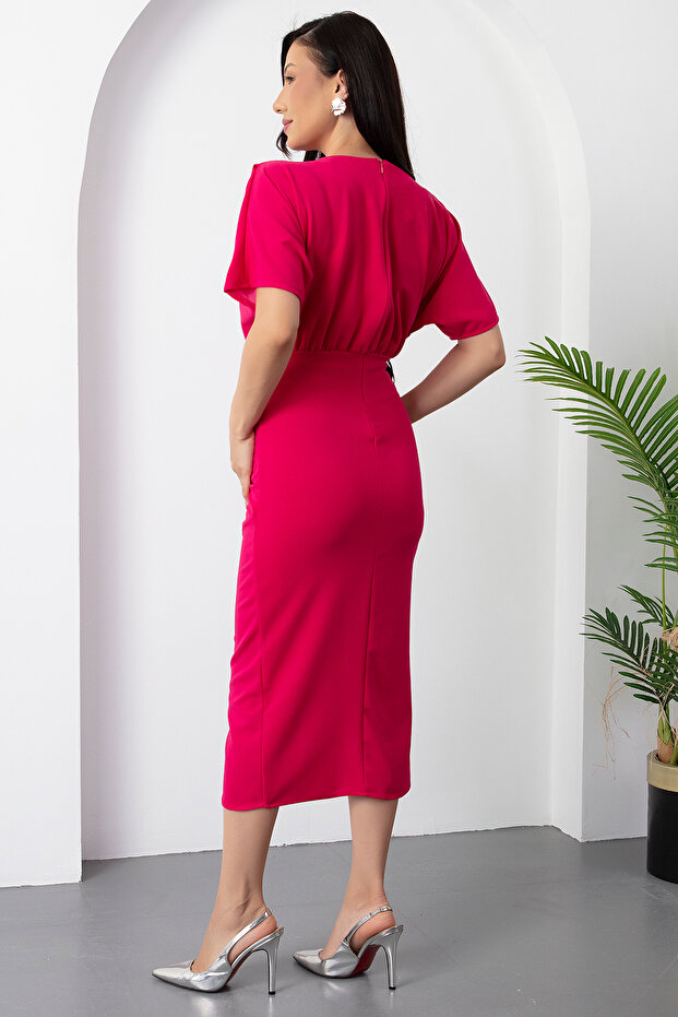 Yarasa Kol Önü Pileli Yırtmaçlı Elbise DKS1274 - 8