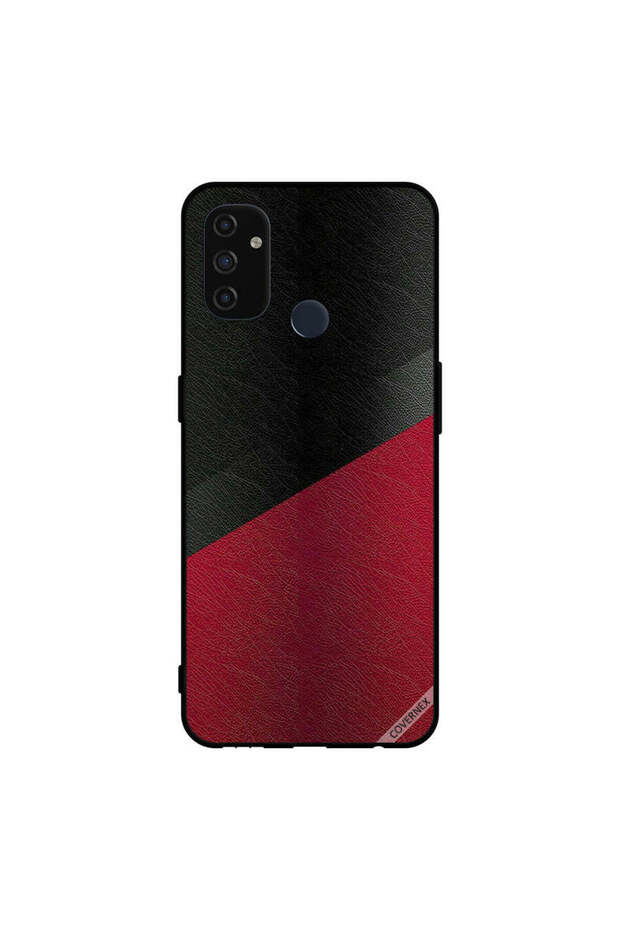 غطاء حماية لهاتف Oneplus Nord N100 بنمط جلدي أسود وأحمر