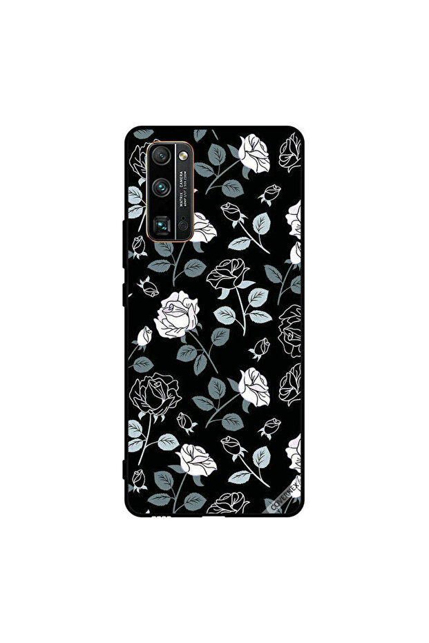 غطاء حماية لهاتف Honor 30 Pro بنقشة زهور باللونين الأبيض والأسود