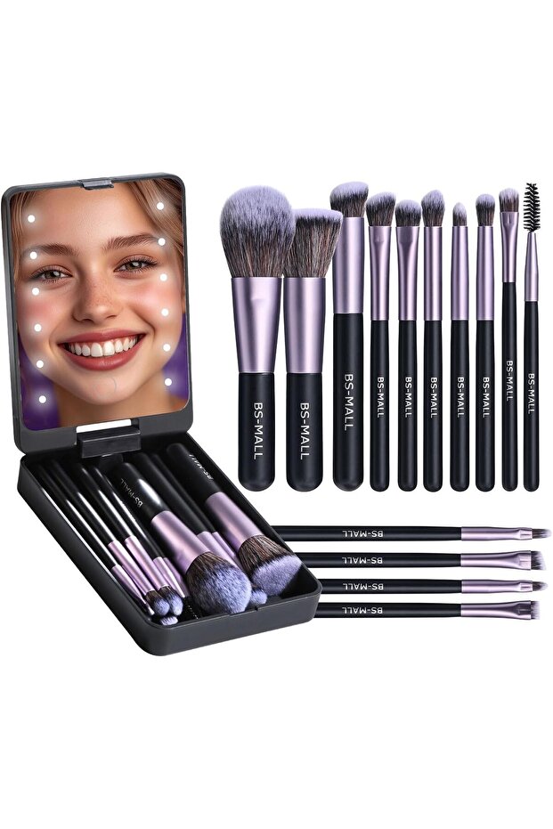 BS-MALL 14Pcs Mini Travel Makeup Brush Set Foundation Powder Concealers Eye Shadows With Mirror Blac