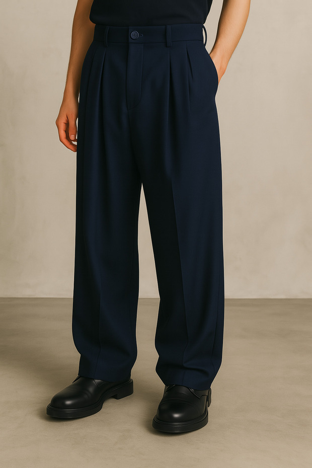 Men's Navy Blue Color Pleated Lycra Comfortable Fit Loose Cut Baggy Fabric Trousers