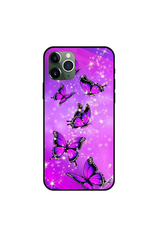 غطاء حماية لجهاز iPhone 11 Pro Max بنقشة فراشات باللونين الأسود والوردي