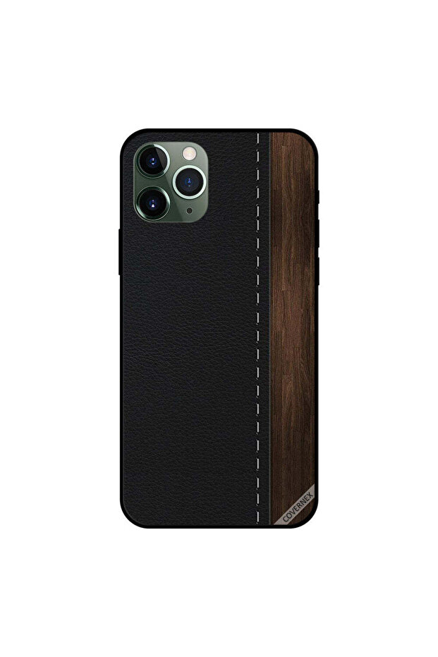 غطاء حماية لجهاز iPhone 11 Pro بنمط خشبي وجلدي