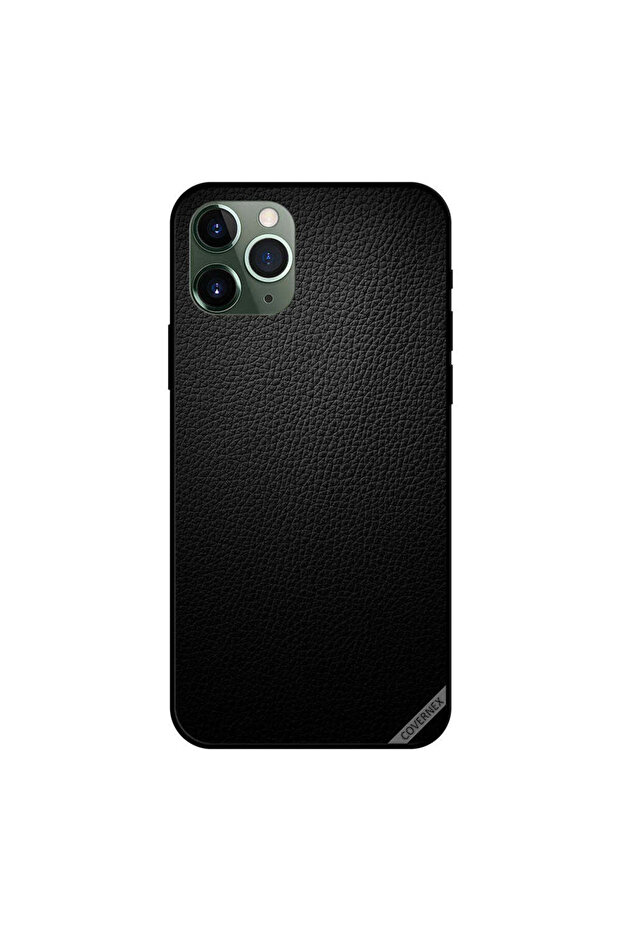 غطاء حماية لجهاز iPhone 11 Pro Max بنقشة جلد أسود داكن