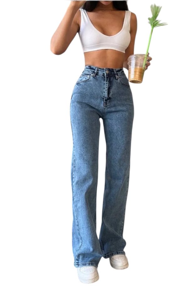 Women's Blue Snow Wash High Waist Stretchy Classic Wide Leg Jeans