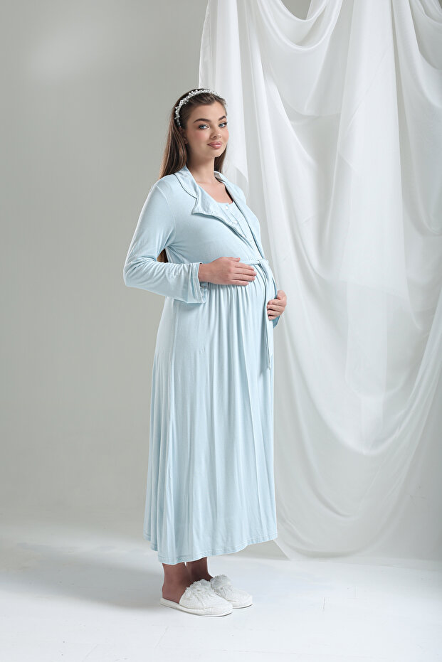 Blue Design Long Sleeve 100% Cotton Maternity Maternity Dressing Gown Nightgown Set