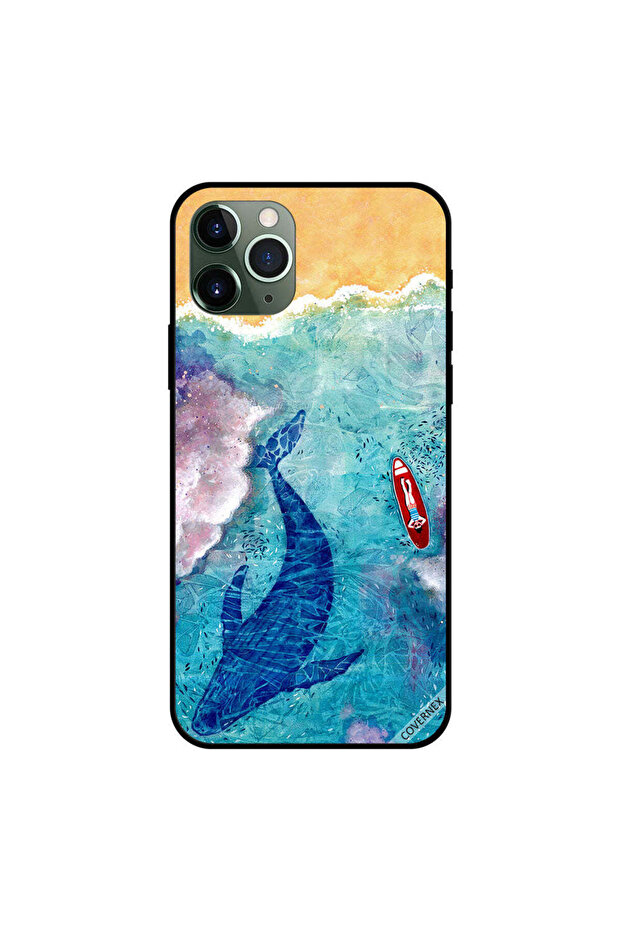 غطاء حماية لجهاز iPhone 11 Pro Max بتصميم حوت وراكب أمواج