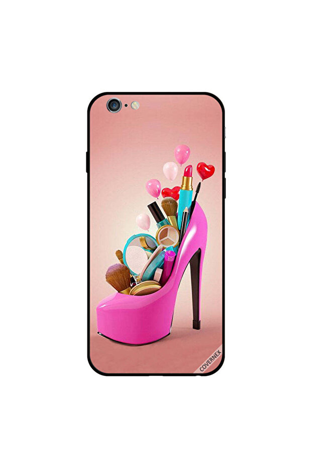 غطاء حماية لجهاز iPhone 6 Plus بتصميم حذاء وردي مع أدوات مكياج