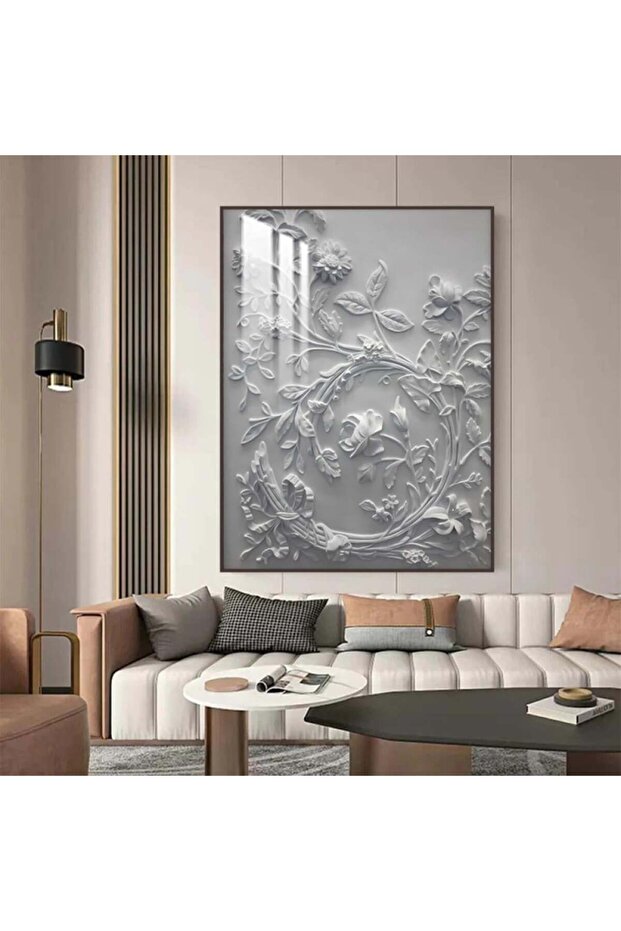 Wooden wall panel printed with gypsum design, with a brown frame and a clear acrylic layer