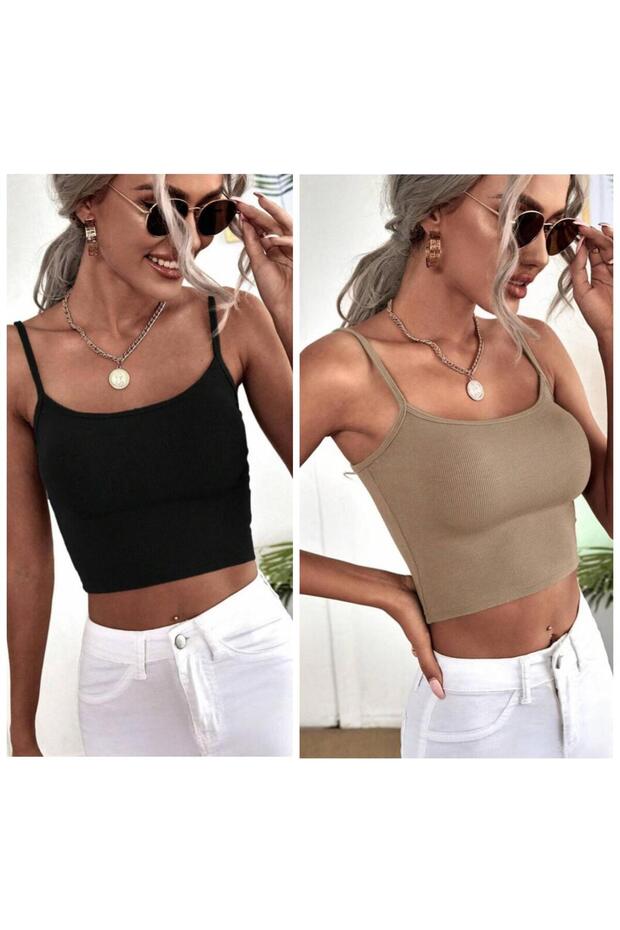 Women's 2 Pack Thin Strap Ribbed Crop Basic Athlete Blouse