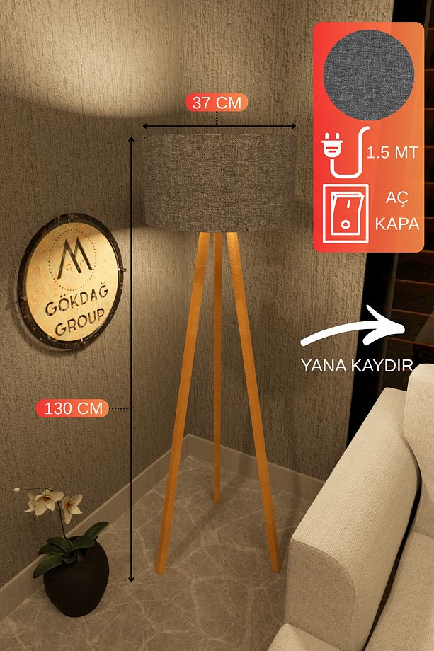 3 Ayaklı MEGA BOY Tripod Lambader Abajur Koyu Gri Kumaş Başlık - 2