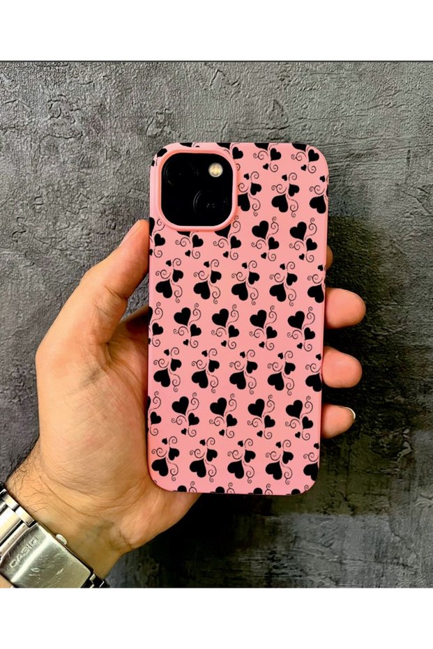 iPhone 15 Compatible Double Black Heart D Patterned Pink Case