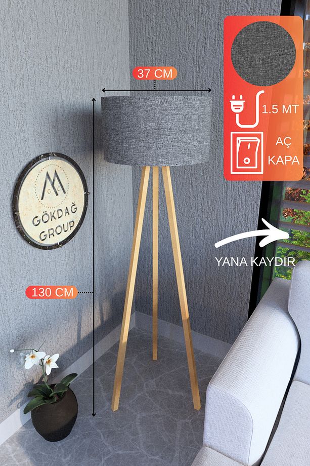 3 Ayaklı MEGA BOY Tripod Lambader Abajur Koyu Gri Kumaş Başlık - 1