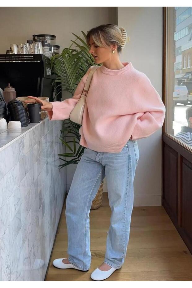 Pembe Bisiklet Yaka Oversize Triko Kazak - 2