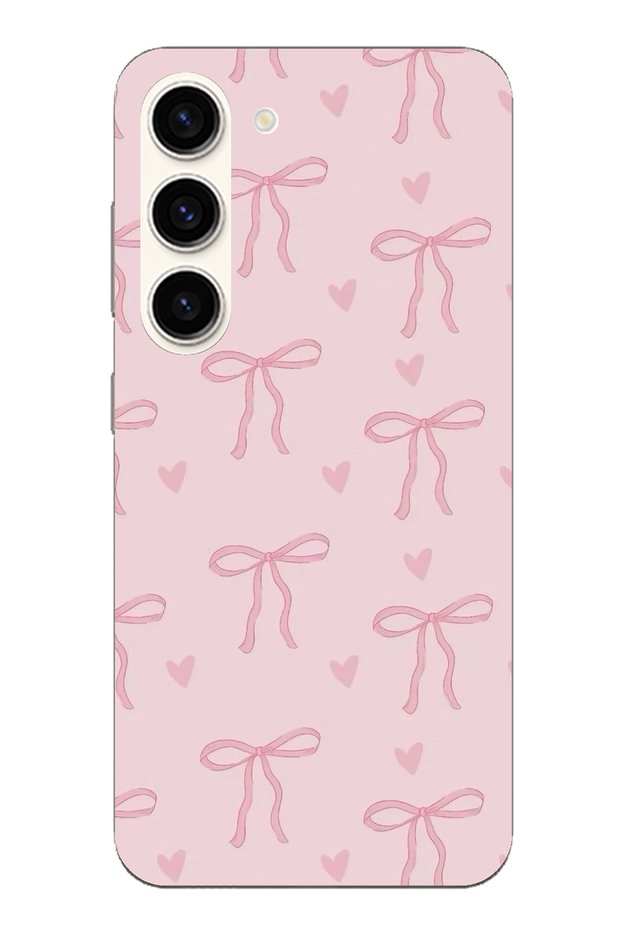Samsung Galaxy S23 Compatible Pink Heart Bows Transparent Silicone Case