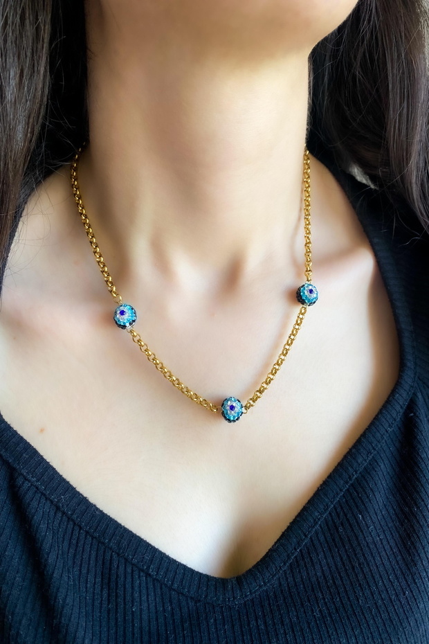 Women's Steel Necklace Doc Chain Three Evil Eye Bead Necklace
