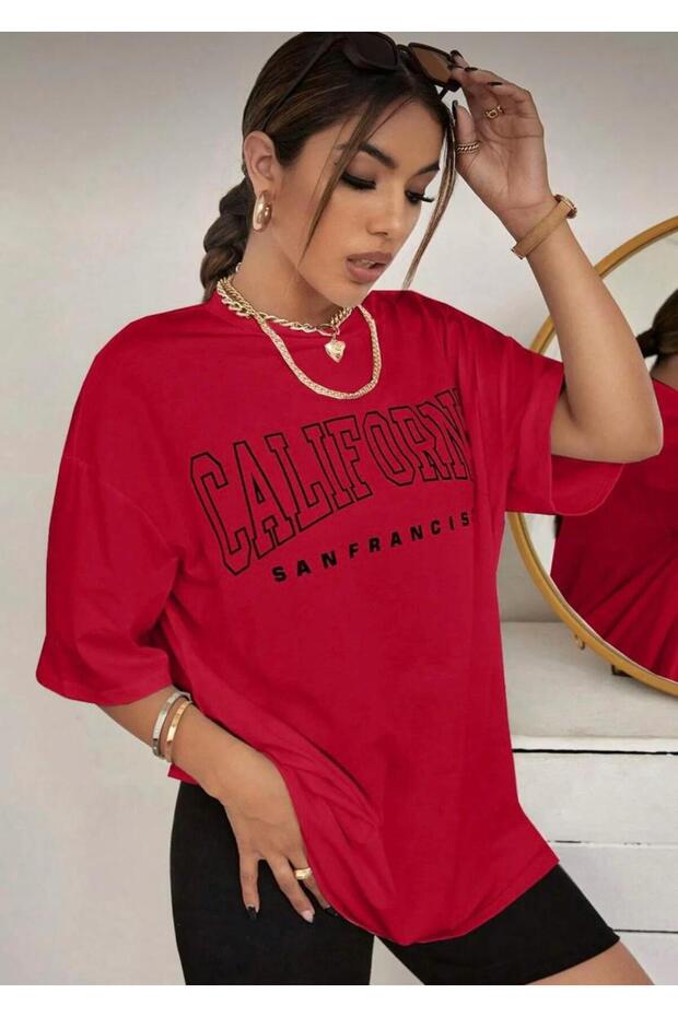 Oversize Cotton Red Color California San Francisco Printed Relaxed Fit T-Shirt Unisex