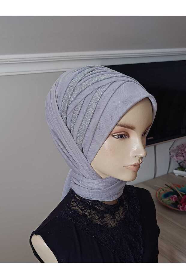 Gray Drapesi Glitter Scarf Type Model Ready Veil Ready Shawl Ready Turban