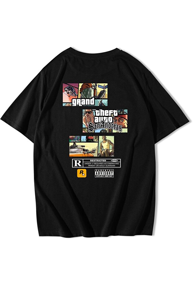 تيشيرت أسود فضفاض للجنسين بتصميم مستوحى من لعبة GTA San Andreas