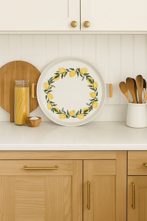 37cm Wooden Handle White Lemon Printed Metal Tray Round Tray Tea Tray Presentation Tray