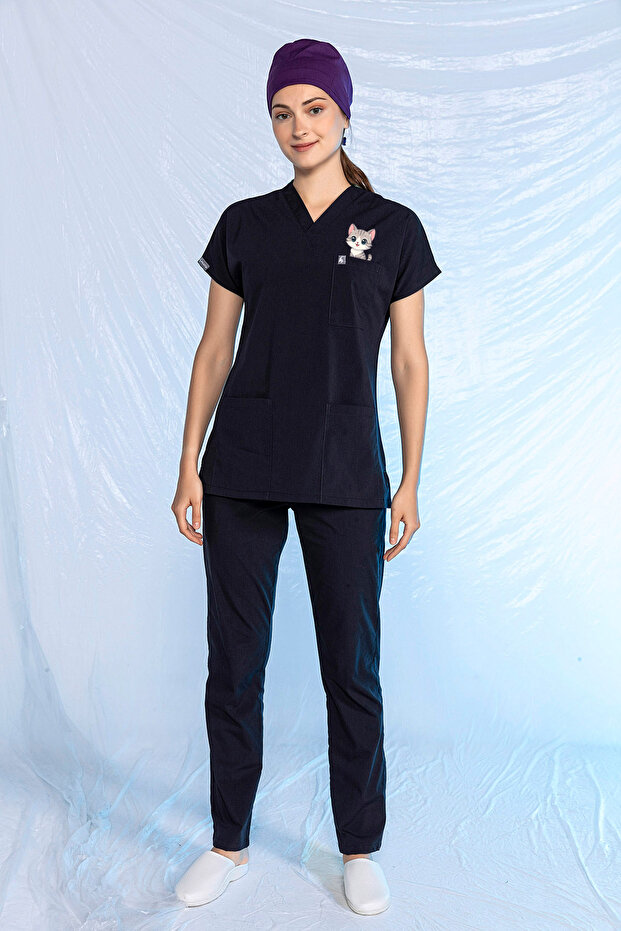 Navy Blue Special Veterinary Uniform Anti-Feather Liquid Repellent Printed Scrubs Suit Unisex
