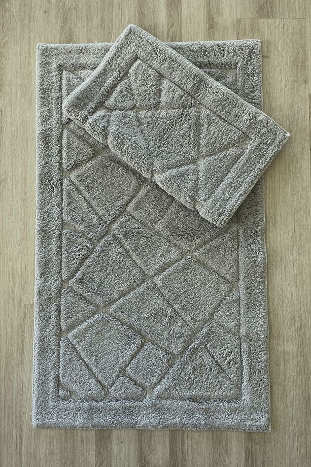 %100 Pamuk Tafting Su Emici Yumuşak Dokulu Banyo Paspas Seti, Banyo Halısı 2 Li Set 60x100 - 50x60 - 1