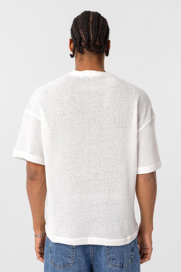 Basic Oversize Düğme Yaka Tişört Ekru - 6
