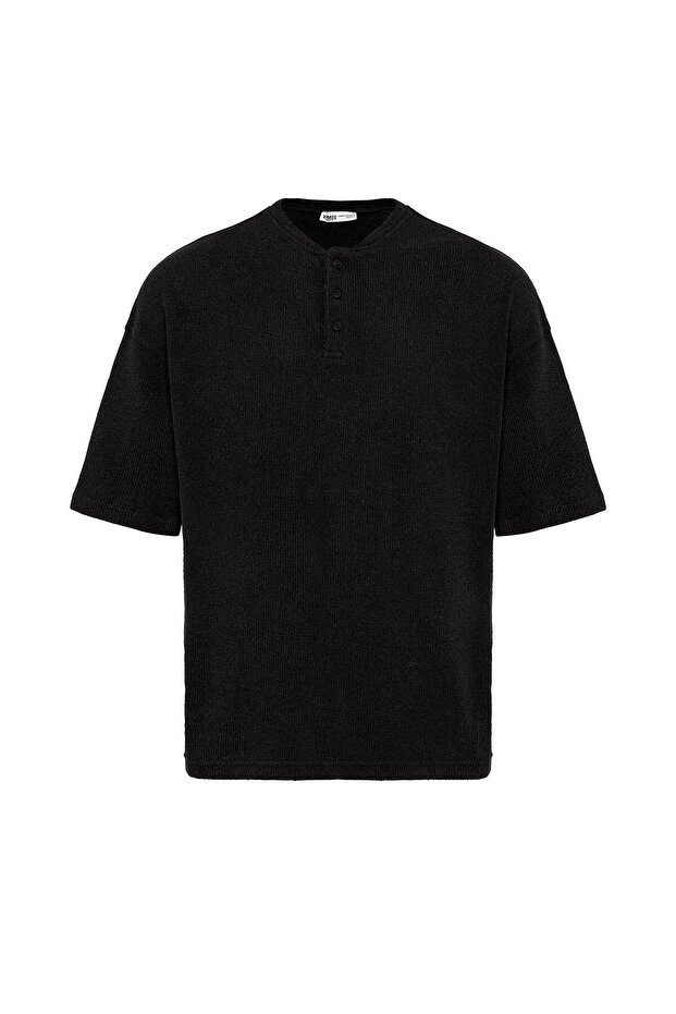 Basic Oversize Düğme Yaka Tişört Siyah - 3