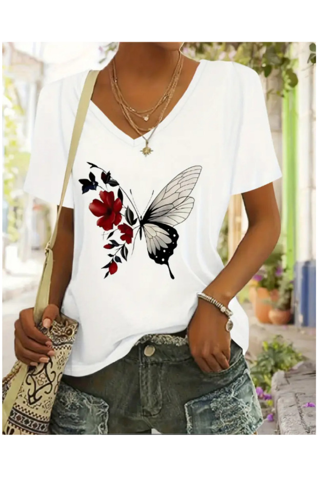 V Neck Oversized Red Floral Butterfly Print T-Shirt